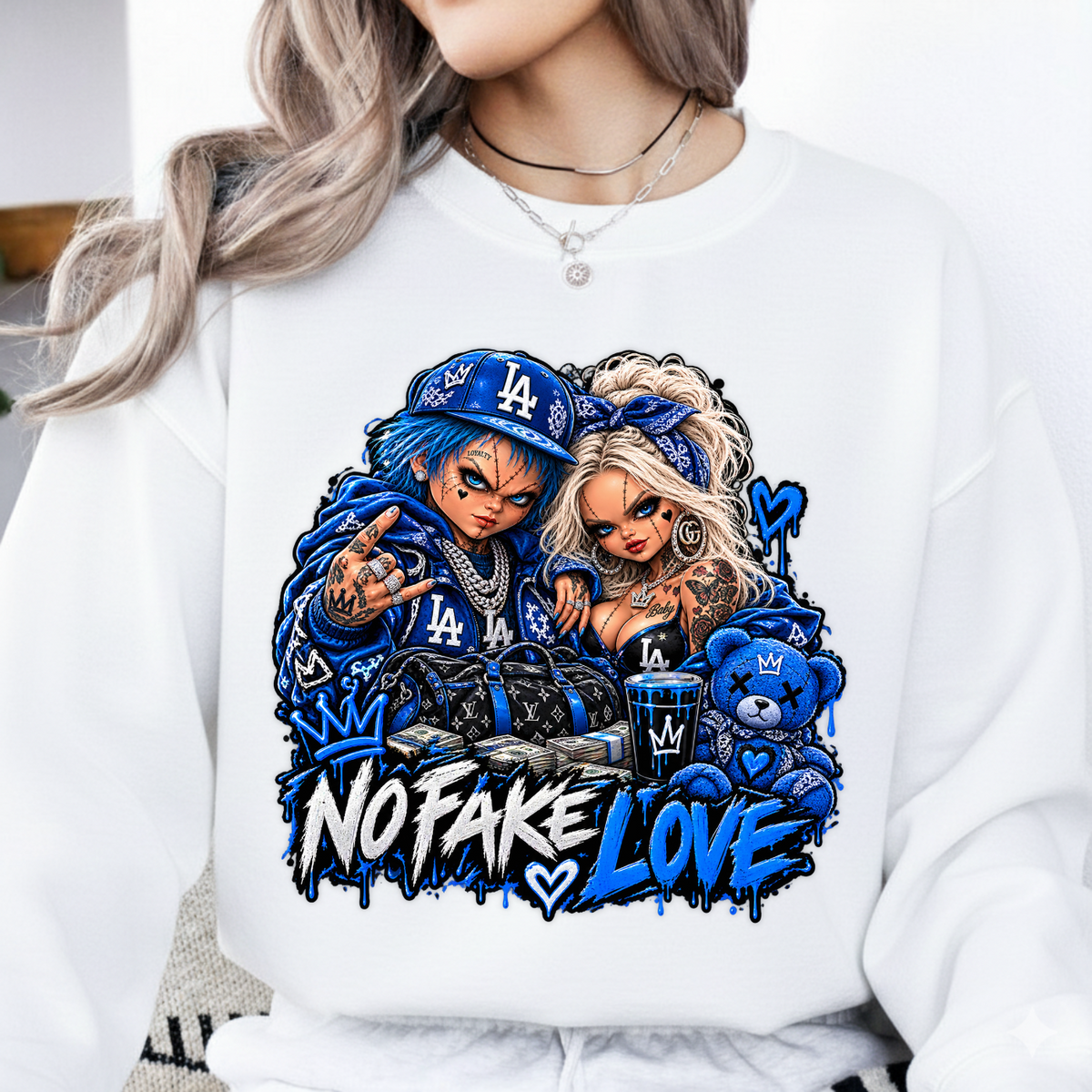 No Fake Love Royal Blue Chucky and Tiffany Halloween PNG SVG, Urban Graphic