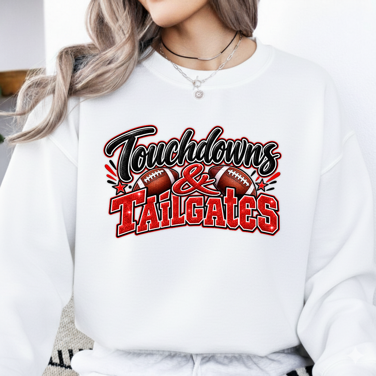 Touchdowns And Tailgates Red Glitter Football PNG SVG, Game Day Graphic