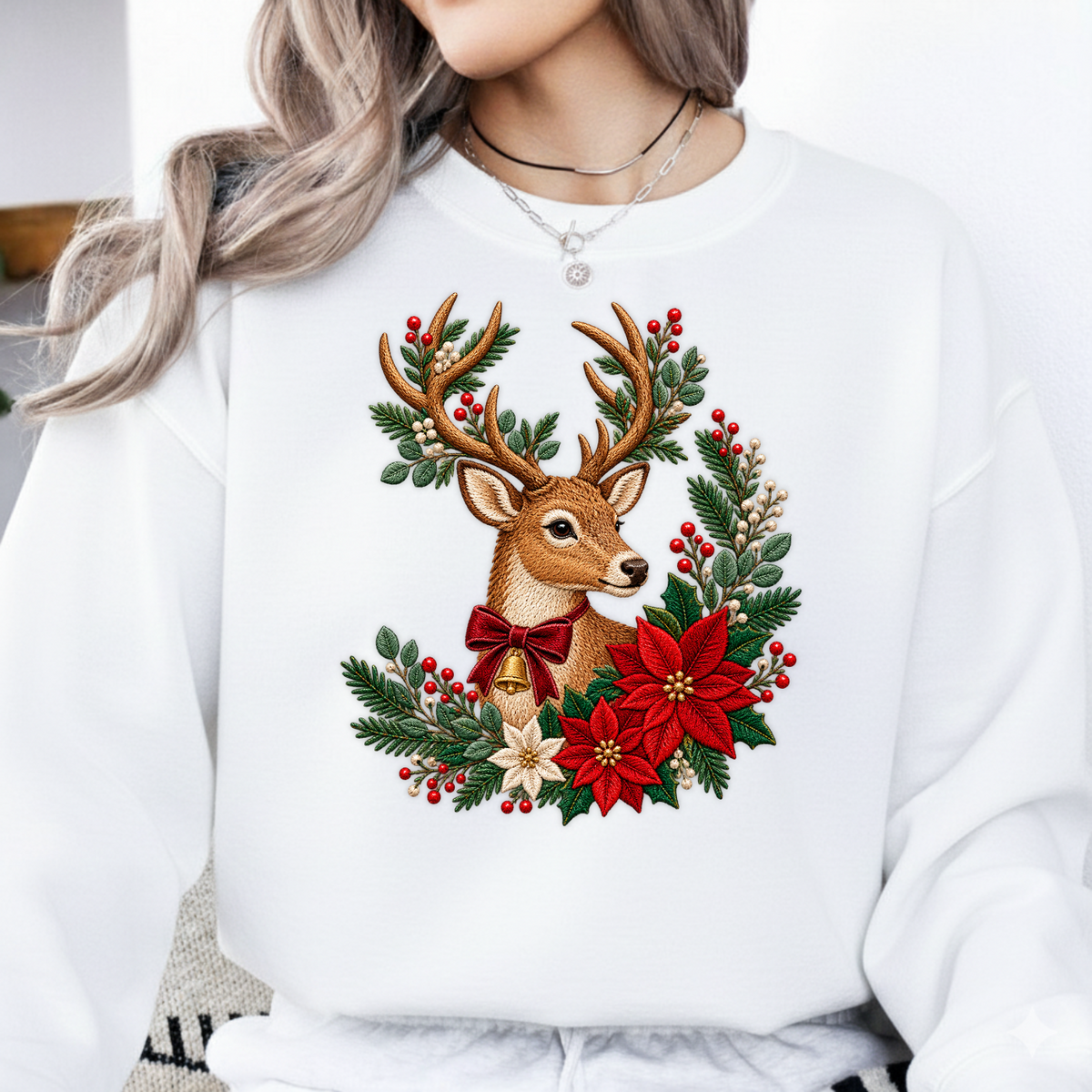 Christmas Reindeer Poinsettia Faux Embroidery PNG SVG, Vintage Reindeer Graphic