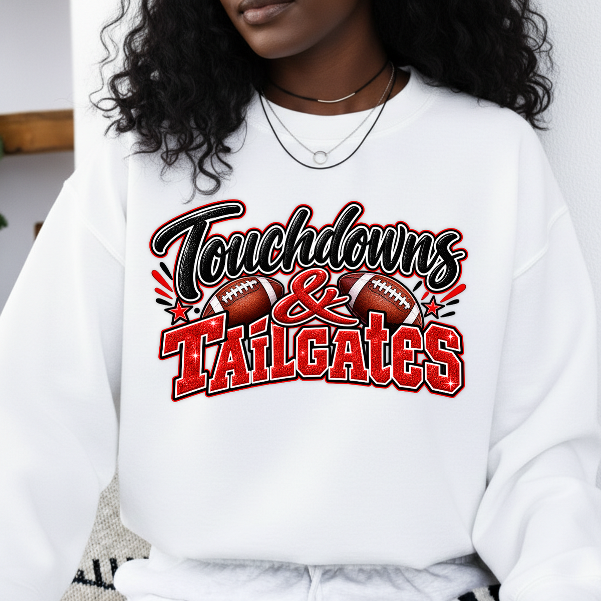Touchdowns And Tailgates Red Glitter Football PNG SVG, Game Day Graphic