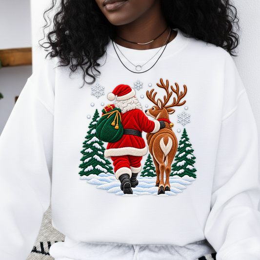 Santa Walking Reindeer Faux Embroidery PNG SVG, Christmas Graphic