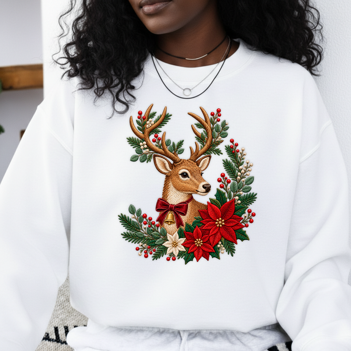 Christmas Reindeer Poinsettia Faux Embroidery PNG SVG, Vintage Reindeer Graphic