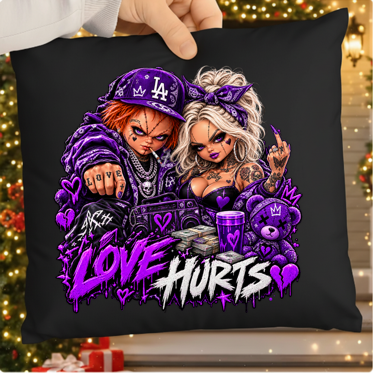 Love Hurts Purple Chucky and Tiffany Halloween PNG SVG, Urban Graphic