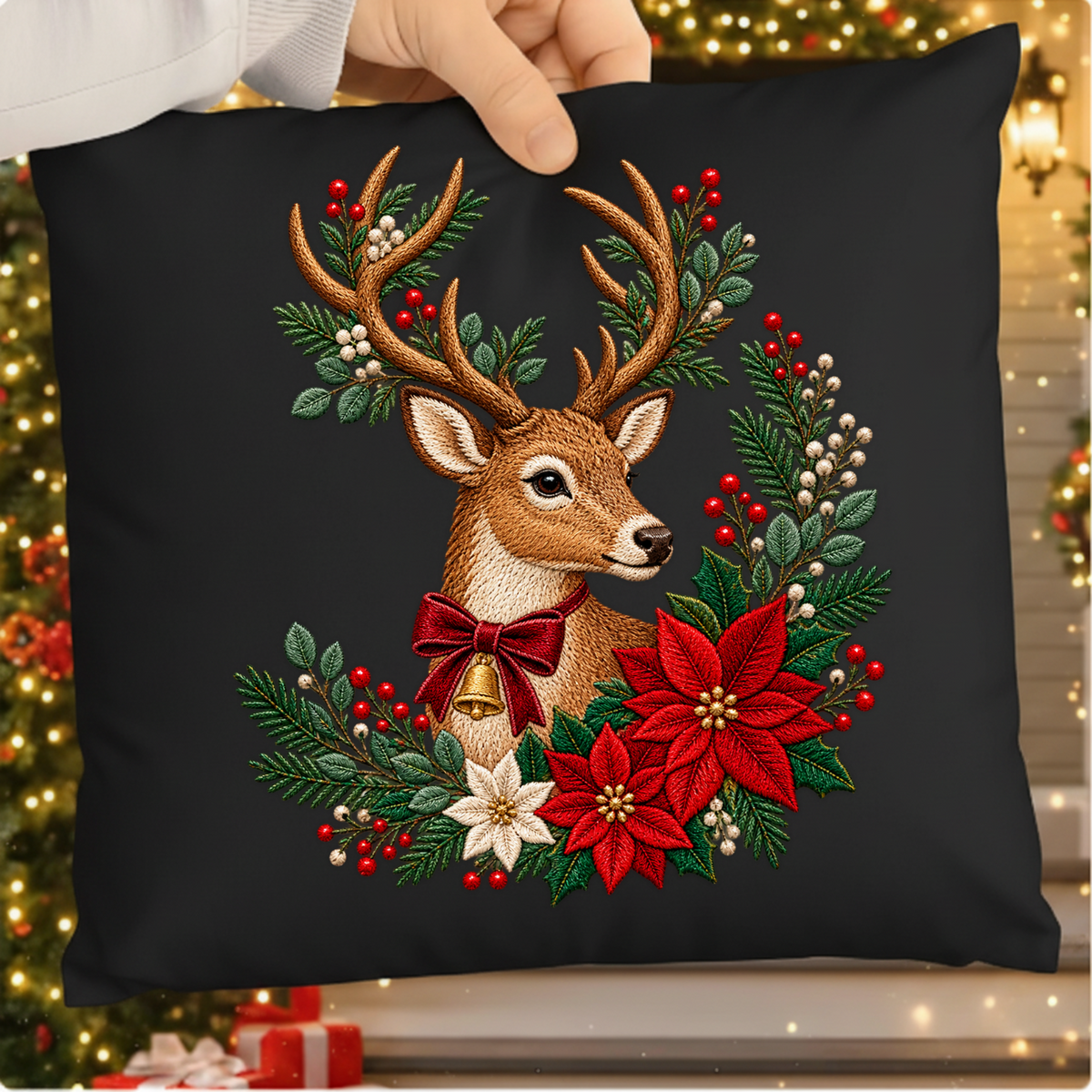 Christmas Reindeer Poinsettia Faux Embroidery PNG SVG, Vintage Reindeer Graphic